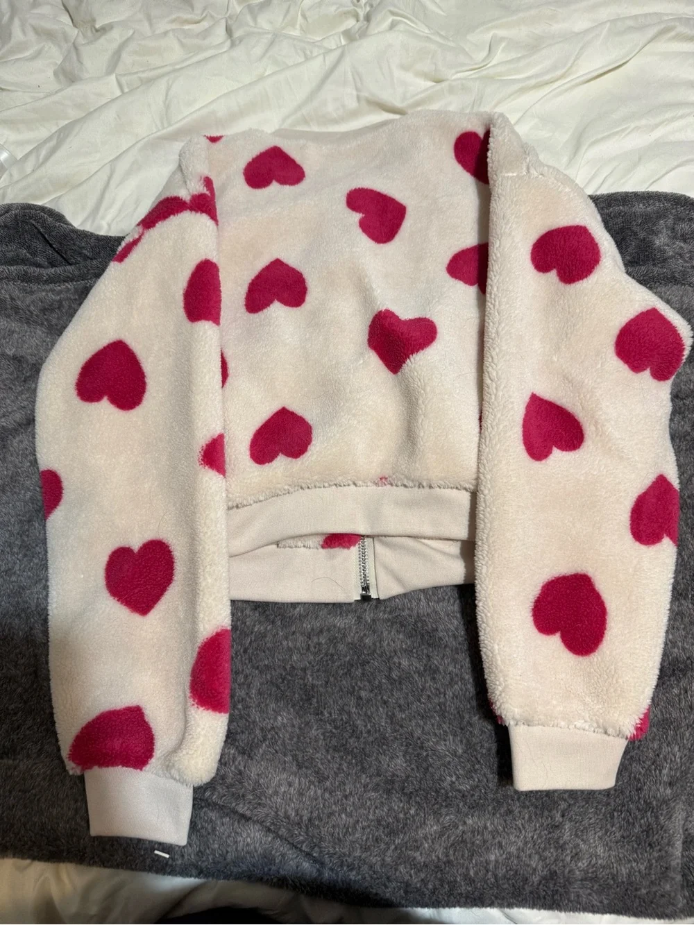 No Boundaries Cream Fleece Bomber with Pink Heart Print